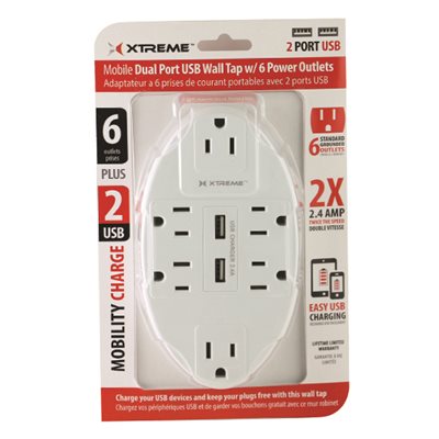 XTREME 6 OUTLET WALL TAP W/ 2 USB PORTS - WHITE