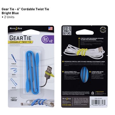 NITE IZE GTK6-38-2R7 GEAR TIE CORDABLE TWIST TIE 6 INCH - 2 PACK - BRIGHT BLUE