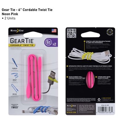 NITE IZE GTK6-35-2R7 GEAR TIE CORDABLE TWIST TIE 6 INCH - 2 PACK - NEON PINK