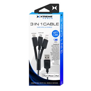 XTREME 6FT 3-in-1 USB-C Micro USB Lightning Sync & Charge cable Black