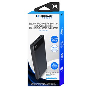 Batterie portable mince XTREME avec afficheur de 10000mah USB-A/USB-C/QC 3.0 Lithium polymère