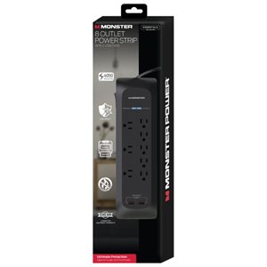 Monster Essentials Power strip surge protector, 8 AC, 2 USB-A, Black