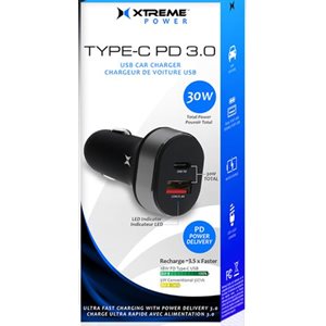 XTREME 30W USB-A and Type-C PD 3.0 Car Charger