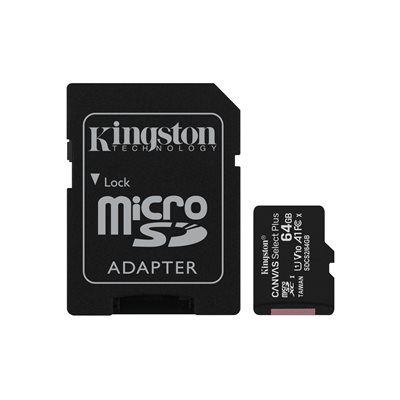 Carte MicroSDXC Kingston de 64GO Canvas Select Plus 100R A1 C10 + Adaptateur