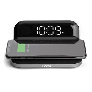 IHOME iW18 Compact Alarm Clock with Qi Wireless Charging and USB Charging (blk/grey)
