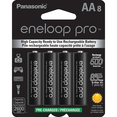 Panasonic eneloop pro 500 cycle 8-pack AA high capacity Ni-MH precharged rechargeable batteries