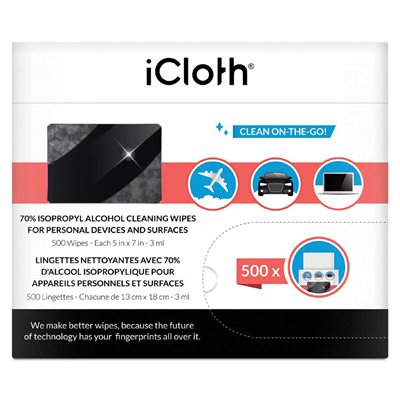 Lingettes nettoyantes iCloth iCA70 à base d'alcool isopropylique 70% - Boite de 500 lingettes