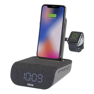 IHOME iWBTW200 Triple Charging Bluetooth Alarm Clock w/Wireless Fast Chg, USB & Apple Watch Chg