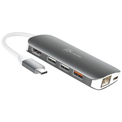 J5Create JCD383 - Multi-adaptateur USB-C™-HDMI™ / Ethernet / USB™ 3.1 / PD 3.0 / Lecteur de carte mémoire