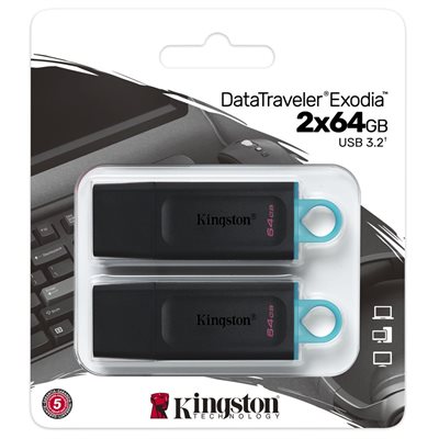 Kingston 64GB USB3.2 Gen 1 DataTraveler Exodia (Black + Teal) - 2 Pieces