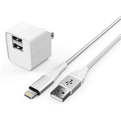 LAX Dual USB Wall Charger 2.4A 2x USB-A with 6ft Apple MFi Lightning Cable White