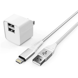 LAX Dual USB Wall Charger 2.4A 2x USB-A with 6ft Apple MFi Lightning Cable White