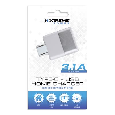 Xtreme – Chargeur maison USB-A 3.1A + USB-C (PD) 15.4W  – Blanc