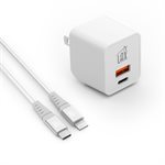 LAX - Chargeur mural double USB-C 20W PD + USB-A avec câble USB-C vers Lightning  6pieds - Blanc