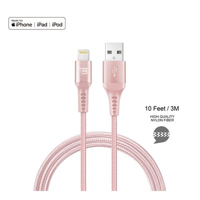 LAX - 10FT Apple MFi Braided Nylon Lightning Cable - Pink Gold