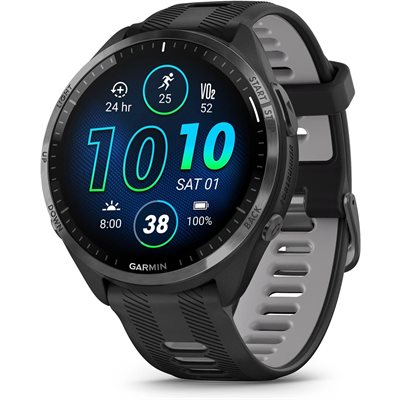 Garmin Forerunner 965, Carbon Gray DLC Titanium Bezel w/Black Case & Black/Powder Gray Silicone Band