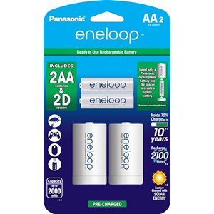 Panasonic Eneloop Rechargeable Pack of 2 AA Ni-MH Batteries w/D Spacers