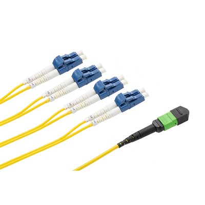 Optic.ca 2M Fiber Patch Cable OS2,8F MTP APC US Conec,SM,to 4x LC/UPC Duplex,2mm yellow Corning