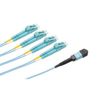 Optic.ca 1M Fiber Patch Cable OM4,8F MTP UPC US Conec,MMF,to 4x LC/UPC Duplex,2mm aqua Corning