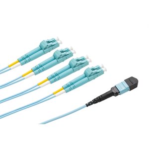 Optic.ca 2M Fiber Patch Cable OM4,8F MTP UPC US Conec,MMF,to 4x LC/UPC Duplex,2mm aqua Corning