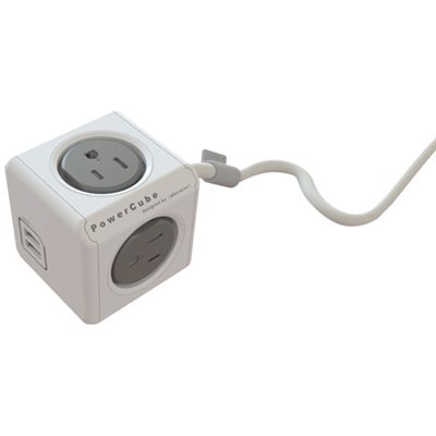 Extension POWERCUBE EXTENTED USB - 4 prises électriques et 2 ports USB (total de 3.1 amp) avec protection contre les surtentions - Gris - Câble de 1.5m/5pi  - Normalisé CETL